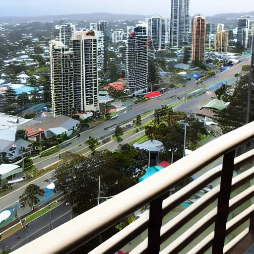 Prompt: a photograph from a high rise balcony overlooking the pacific ocean, gold coast australia, rainy grey afternoon, low visibility