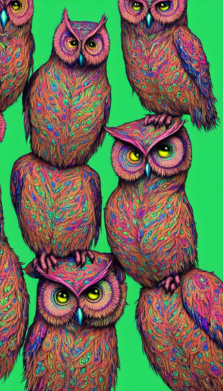 Image similar to highly detailed photo of three psychedelic owl talking to each other while sitting on tree, hyper realistic, concept art, 8 k detail post - processing