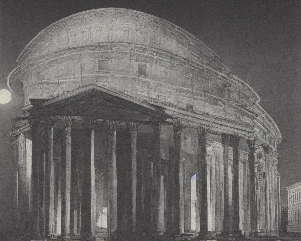 Image similar to achingly beautiful print of the Pantheon bathed in moonlight by Hasui Kawase and Lyonel Feininger.