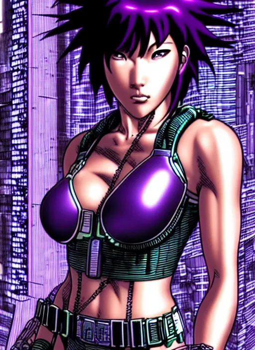 Image similar to motoko kusanagi in grungy cyberpunk megacity, intricate and finely detailed, cyberpunk vaporwave, portrait by j scott campbell