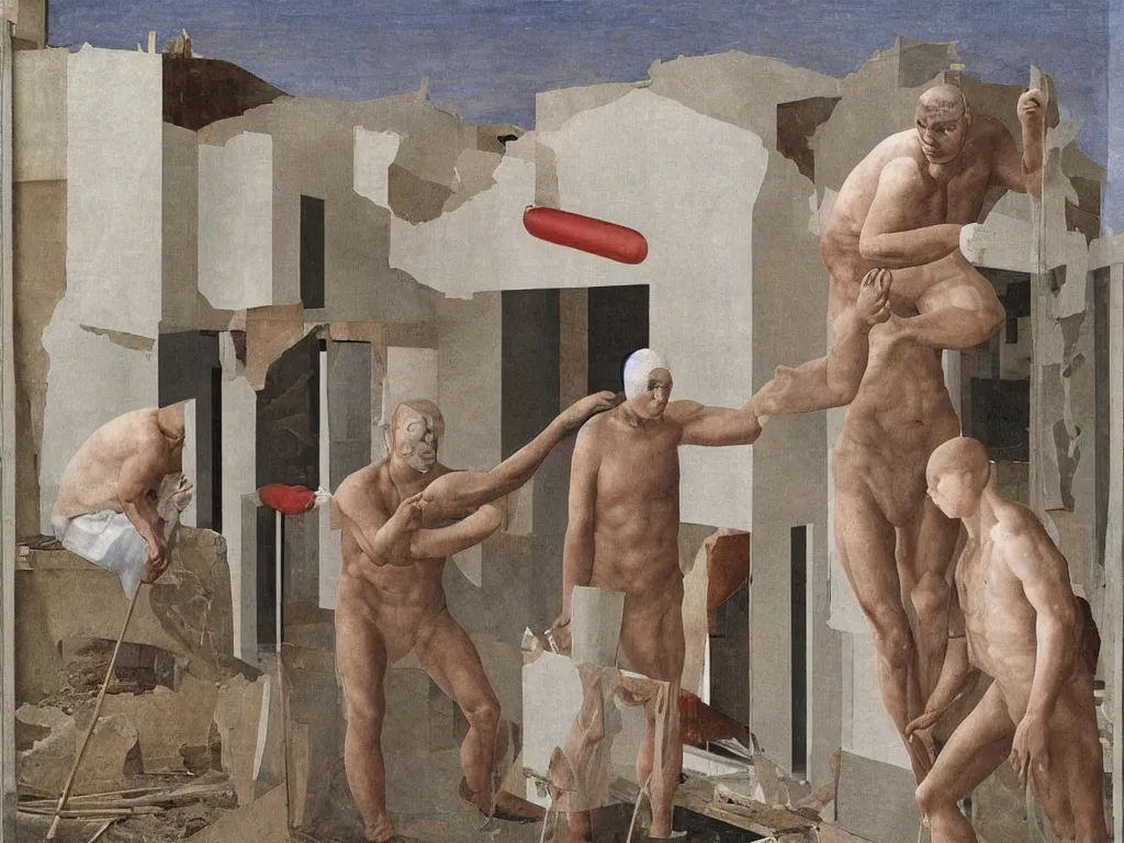 Prompt: House under renovation. The worker is muscular and has one eye with a red pupil in the middle of his face, like a cyclops. Painting by Alex Colville, Piero della Francesca.