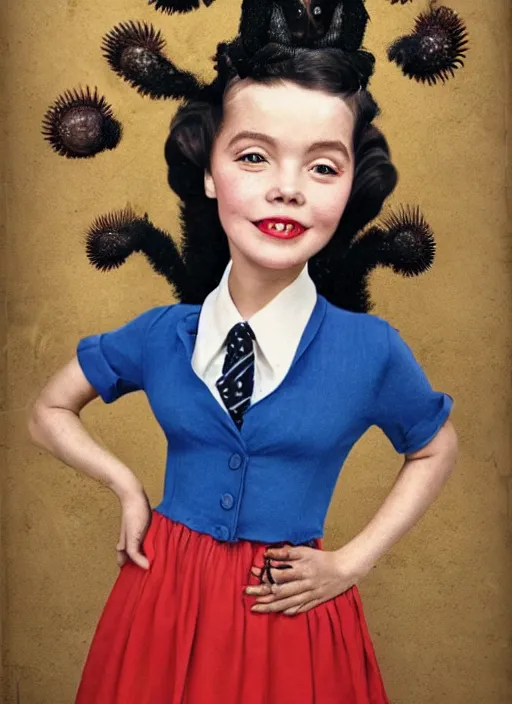 Image similar to portrait of a girl whose head is a comically large tarantula and whose body is dressed in a 1950s school dress, inspired by Mark Ryden and Marion Peck, hints of Cronenberg