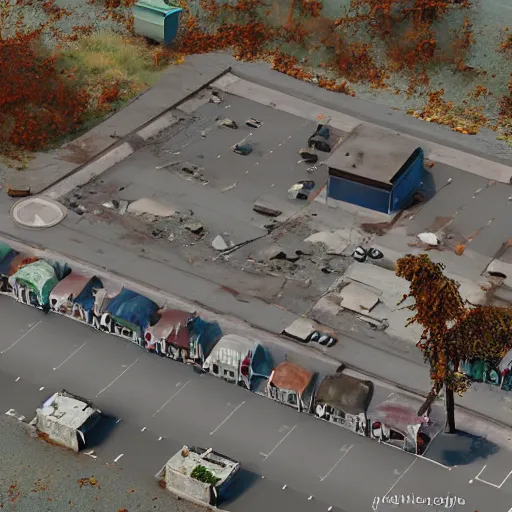 Image similar to top down aerial view of dilapidated gas - station with supermarket and shopping street in real life, desolate with zombies, dilapidated, zombies in the streets, nightmarish, some rusted style parked vehicles, sunny weather, few clouds, volumetric lighting, photorealistic, daytime, autumn, sharp focus, ultra detailed, cgsociety