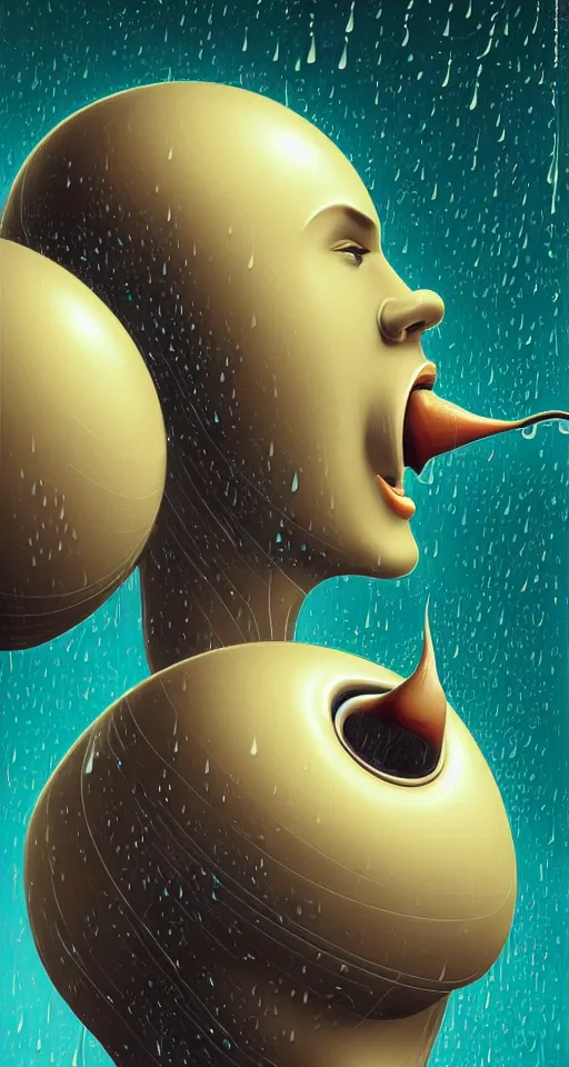 Prompt: art deco close up portait of stylish head with big mouth surrounded by spheres, rain like a dream digital painting curvalinear clothing cinematic dramatic fluid lines otherworldly vaporwave interesting details epic composition by artgerm anton pieck