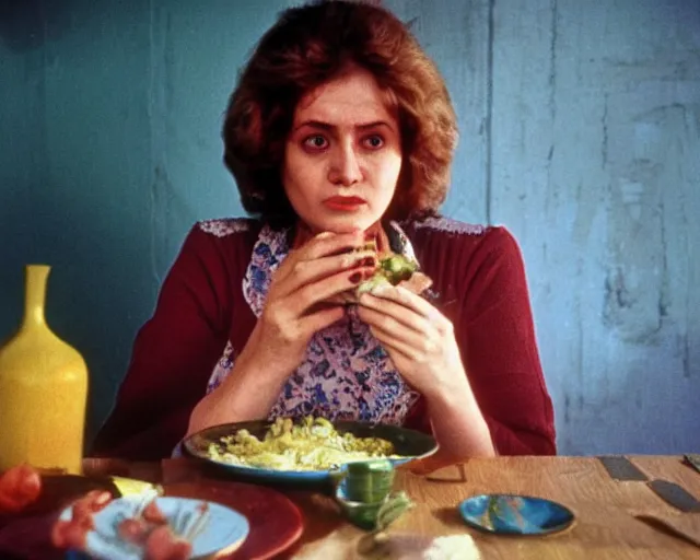 Prompt: 1 9 7 9 a soviet movie still a russian woman sitting at a table with a plate of food in dark warm light, a character portrait by nadya rusheva, perfect symmetric coherent face, perfect symmetric eyes, featured on cg society, neo - fauvism, movie still, 8 k, fauvism, cinestill, bokeh, gelios lens