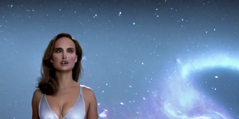 Image similar to film still of curvy natalie portman walking on an invisible bridge, similar to the bifrost, toward an endless abyss in space, wearing a white flowy bikini inspired by ancient roman clothing, beautiful astronomical background with galaxies and nebulas, lack of sunlight, darkness of space, focus on facial detail, 8 k resolution, cinematic lighting, anatomically correct, by christopher nolan