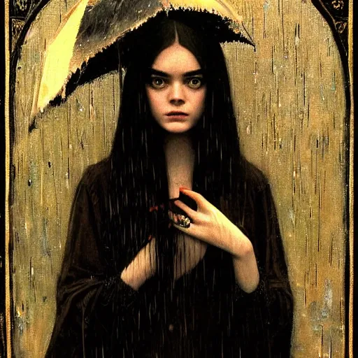 Prompt: a striking esoteric painting of Elle Fanning in the rain, dark, metal, black background, occult, by John William Waterhouse