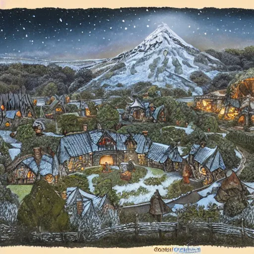 Image similar to detailed illustration of hobbiton in winter, from the lord of the rings