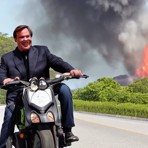 Image similar to chad president jair messias bolsonaro, riding a motorcicle with explosions on the background