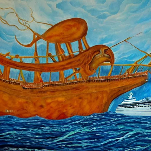 Image similar to A giant squid destroying a cruise ship in the middle of the ocean, oil painting