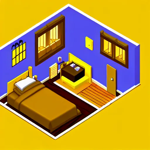 Prompt: rpg maker style bedroom, rpg game style, warm yellow lighting, isometric view, isometric perspective, 3 d, comforting