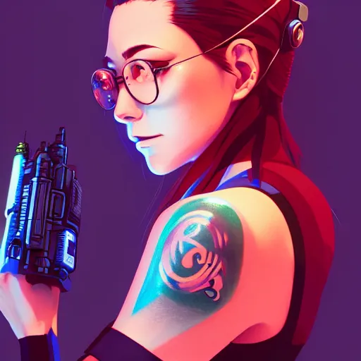 Image similar to portrait of a cyberpunk tattooed barmaid, artstation, elegant, highly detailed, digital painting, concept art, smooth, sharp focus, illustration, art by studio ghibli, fujita goro, atey ghailan, tom whalen, jean giraud 8 k