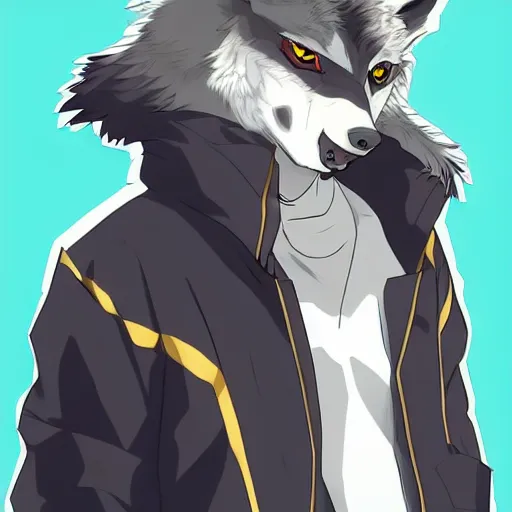 Image similar to key anime visual portrait of an anthropomorphic anthro wolf fursona, in a jacket, with handsome eyes, official modern anime art