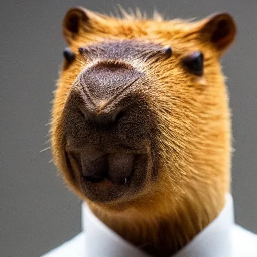 Image similar to capybara head, a man wearing a suit capybara head (smoking cigar)