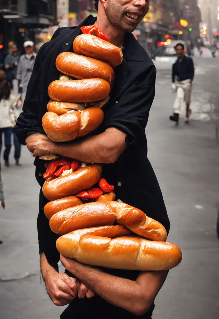 Prompt: closeup portrait of a man carrying a giant hotdog on his shoulder in a smoky new york back street, by Annie Leibovitz and Steve McCurry, natural light, detailed face, CANON Eos C300, ƒ1.8, 35mm, 8K, medium-format print