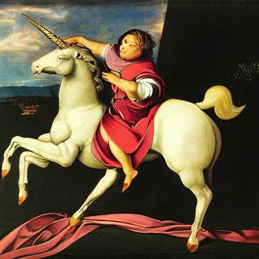 Image similar to an absolute beast of a muscly unicorn walking on rainbow in the style of caravaggio