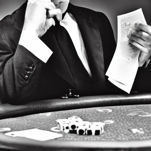 Image similar to monkey in a suit smoking a cigar and playing poker in a casino, 5 0 mm, black and white photo