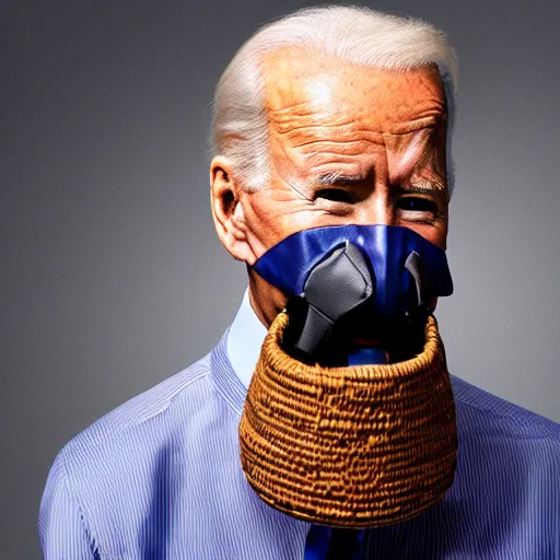 Image similar to uhd candid photo of joe biden wearing a basket - muzzle, with accurate face, real basket - muzzle, uhd, studio lighting, correct face, photo by annie leibovitz