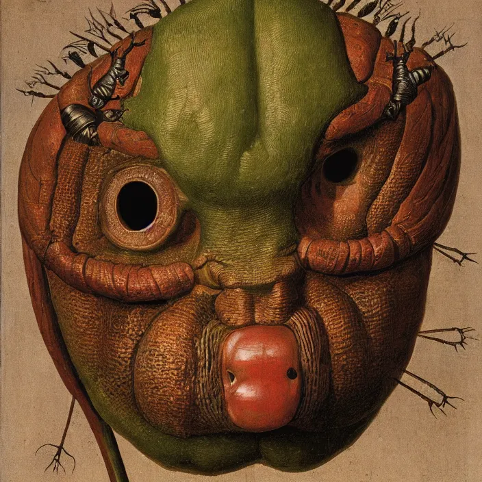 Image similar to close up portrait of a mutant monster creature with facial features resembling a medieval steel helmet, beetle eyes and antennae. by jan van eyck, walton ford