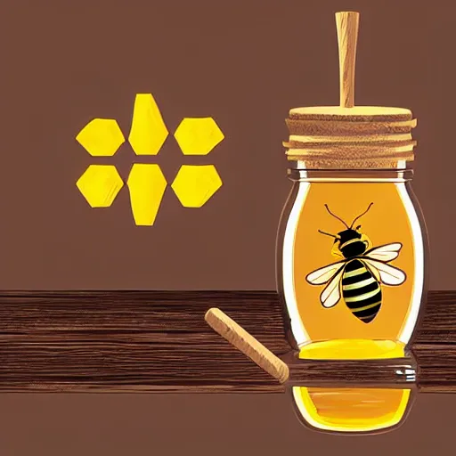 Image similar to cute bee flying out of a jar of honey with a wooden honey dipper in it, concept art, illustrated, highly detailed, high quality, bright colors, optimistic,