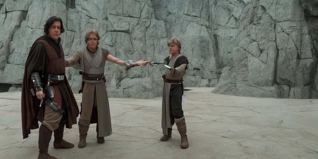 Prompt: Luke Skywalker teaches Grogu at Jedi Temple scene from the Mandalorian 2022, serene, iconic scene, stunning cinematography, anamorphic lenses, kodak film