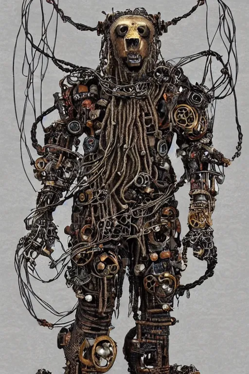 Image similar to wild monstorous anthropomorphic biomechanical bear shaman-warrior wearing chains made of tiny human skulls and other voodoo artifacts. Wearing dreadlocks made of cables and wires. Upgraded with hightech cyberwares. huge, big, giant bear human hybrid, mecha animal, tall, detailed woodcut armor, terrifying and dangerous, scary, beautiful, steampunk monster android hybrid art portrait, matte scifi fantasy painting, half robot half bear. Fullbody, Centered uncut. 50px margins on every side.. DeviantArt Artstation, by Jason Felix by Steve Argyle by Tyler Jacobson by Peter Mohrbacher, cinematic lighting