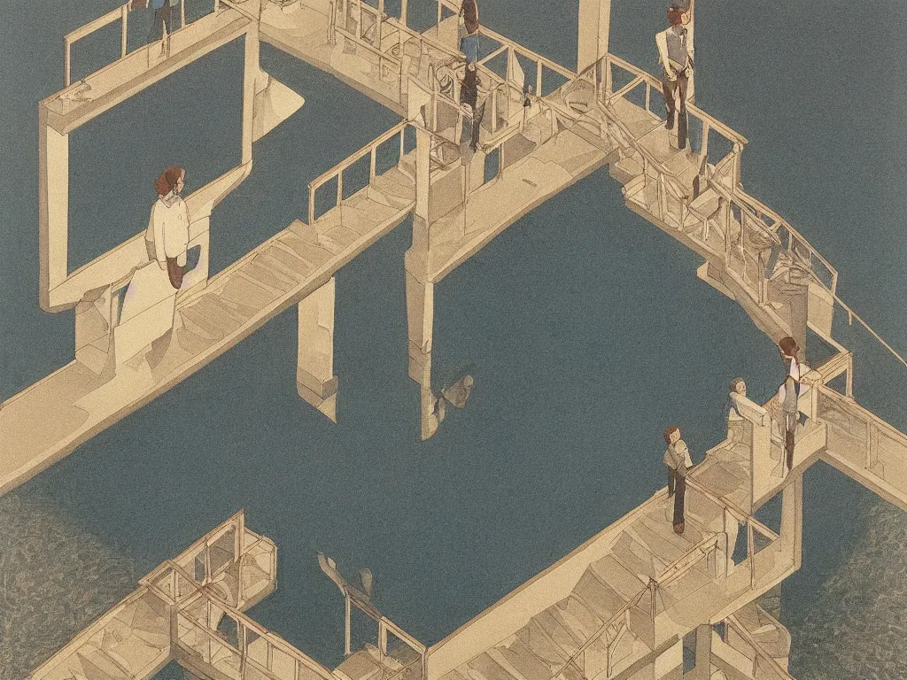 Image similar to lithograph printed in 1976. It depicts a man in an art gallery viewing a print of a seascape. The man's reflection is seen in the print, and the reflection shows the man walking down a staircase. The staircases in the print appear to be infinite, By M. C. Escher, colorized by Hayao Miyazaki