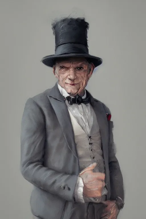 Prompt: a grey hair old halfling with no beard stubble top hat and suit by Greg Rutkowski, painting, portrait, HD, high details, trending on artstation