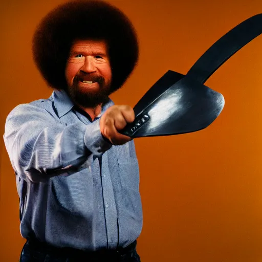 Image similar to bob ross wielding a machete, studio lighting, menacing, hyper realism, 24mm lens,