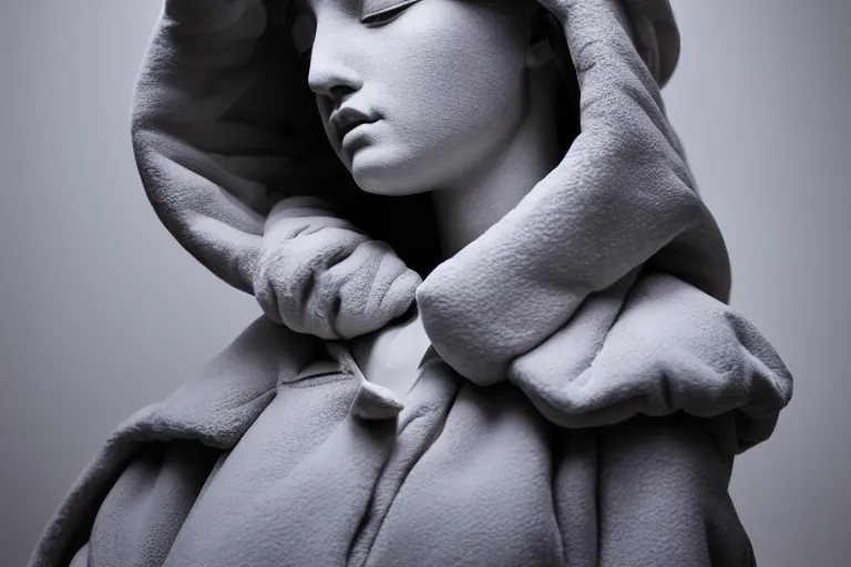 Image similar to well lit fashion shoot portrait of extremely beautiful female marble statue wearing huge over size puffer jacket by dingyun zhang, yeezy, balenciaga, vetements, a cold wall, sharp focus, clear, detailed,, cinematic, detailed, off white, glamourous, symmetrical, vogue, editorial, fashion, magazine shoot, glossy