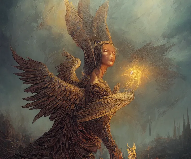 Prompt: a beautiful tarot card artwork of a fallen seraphim, horror, backlit, gloomy sky, highly detailed, digital painting, intricate golden threads, by greg rutkowski and peter mohrbacher and dan mumford and artgerm, vivid colors, detailed shading, 8 k resolution, intricate, smooth