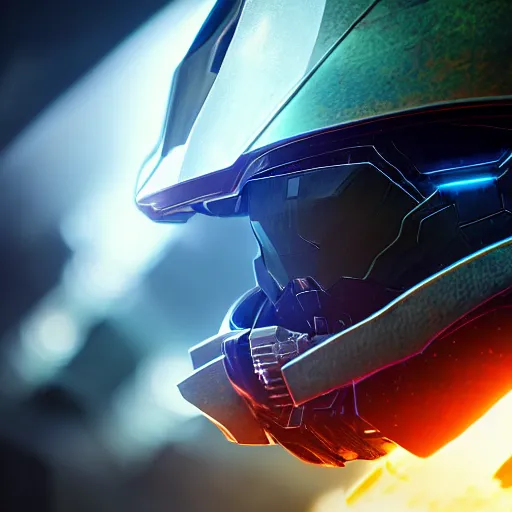 Image similar to cyberpunk halo helmet on space, close shot, reflection, epic, dramatic, cinematic, award winning, ultra detailed, realistic, 8k,