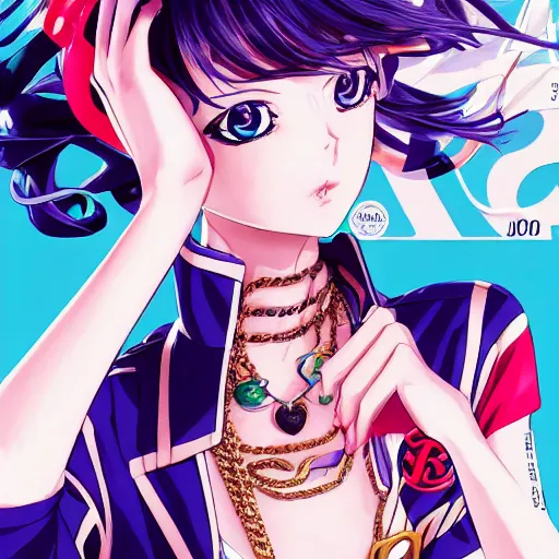 Image similar to Magazine Cover Anime key visual of a Gucci girl; official media; typography; drawn by Hirohiko Araki; Jojo's Bizarre Adventure; Jojolion, portrait, made by Stanley Artgerm Lau, WLOP, Rossdraws, James Jean, Andrei Riabovitchev, Marc Simonetti, Yoshitaka Amano, ArtStation