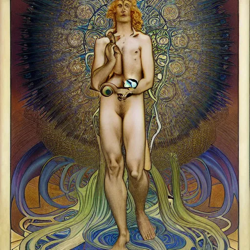 Image similar to an average man with his briefcase by Jean Delville, Amano and Yves Tanguy and Alphonse Mucha and Ernst Haeckel and Edward Robert Hughes and Roger Dean,