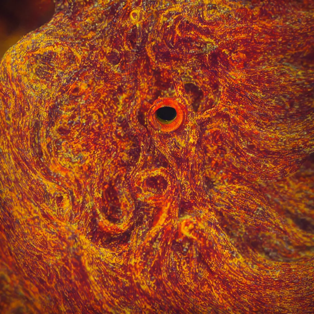 Image similar to fiery whimsical emotional eyes cephalopod, in a photorealistic macro photograph with shallow dof, in the deepest seas of the unconscious psyche