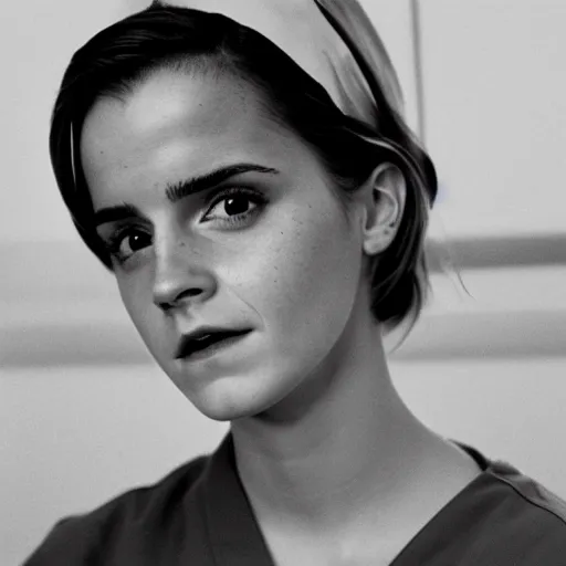 Image similar to emma watson, nurse scrubs, hospital, portrait, mid view head and shoulders, award winning, kodak ektachrome expired blue tint, film still from movie nurses on patrol ( 1 9 8 5 )