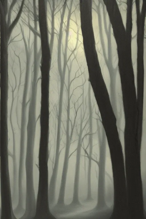 Image similar to dark and spooky woods featuring a menacing werewolf silhouette. atmospheric, foggy, oil painting on canvas. fairytale