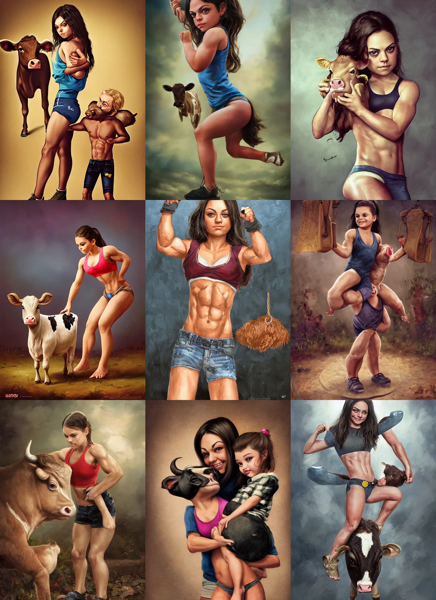 Prompt: little bodybuilder mila kunis lifting a cow, wlop, steve argyle, ilya kuvshinov, ralph horsley, rossdraw, mark ryden, daniel f. gerhartz, sophie anderson, lilia alvarado, tom chambers