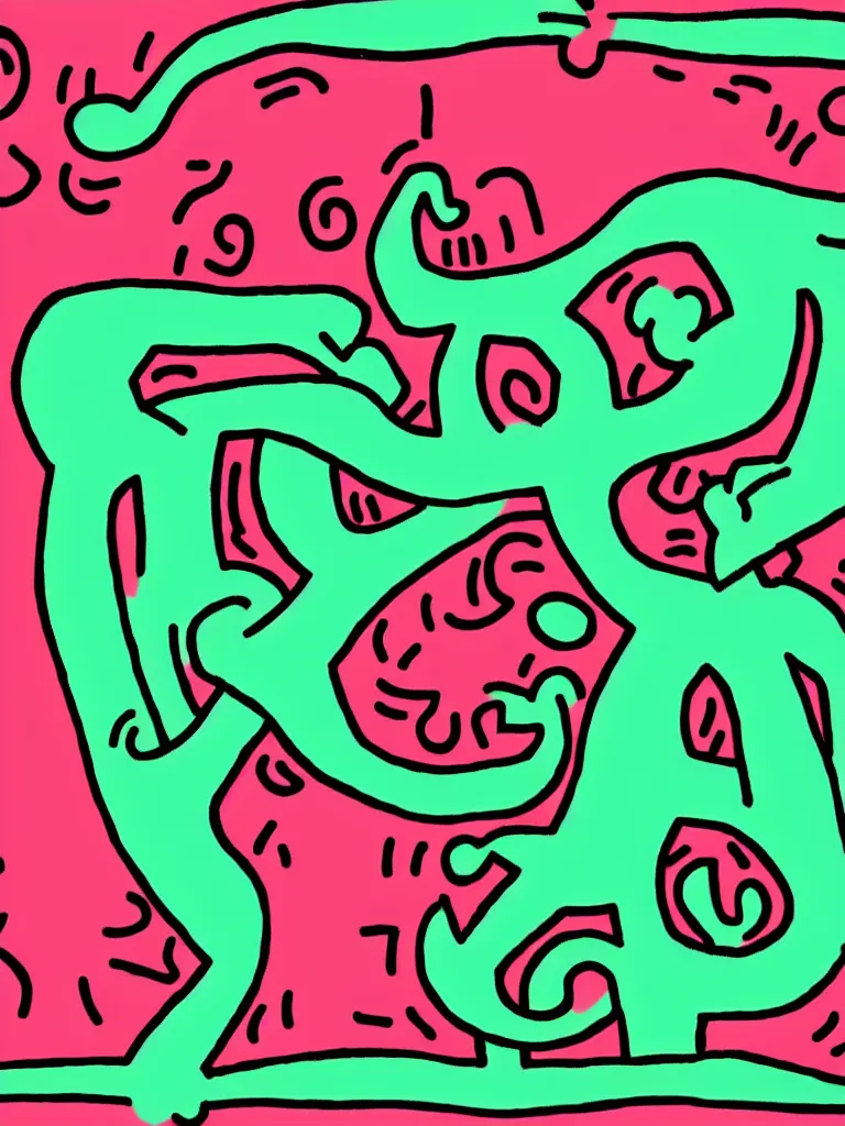 Prompt: minimal keith haring art of acorn that turns into a tree in the shape of a treble clef, a big rip down the middle, splashes of color, inspirational and powerful