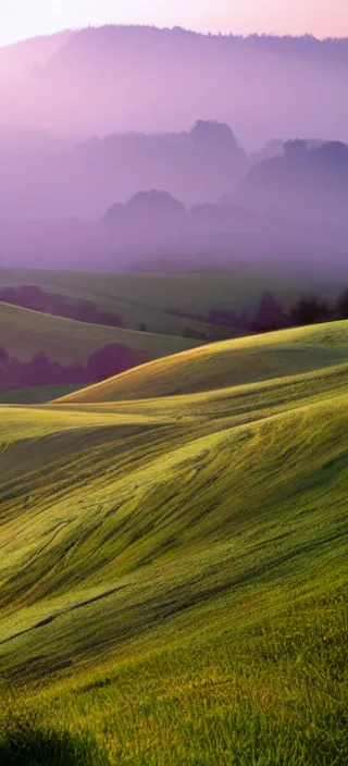 Image similar to open field of teeth, rolling hills, mist, valley, downhill