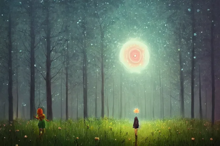 Image similar to giant daisy flower as head, girl walking in forest, surreal photography, dark night, stars, moon light, impressionist painting, clouds, digital painting, artstation, simon stalenhag