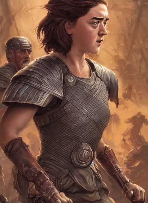 Image similar to angry Maisie Williams leading the charge as a ruggedly muscled handsome heroine, intricate, elegant, highly detailed, centered, digital painting, artstation, concept art, smooth, sharp focus, illustration, artgerm, donato giancola, Joseph Christian Leyendecker, WLOP, Artgerm