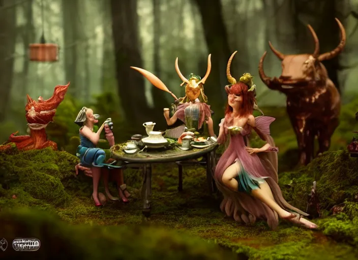 Image similar to tiny mechanical fairy having tea with a minotaur in a magical forest, having tea with a giant minotaur. Very detailed 8k. Fantasy cyberpunk horror. Sharp. Cinematic post-processing