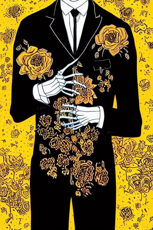 Image similar to portrait of a skeleton in a black suit and tie with flower shirt, vivid flower background by Jen Bartel and Dan Mumford and Satoshi Kon, gouache illustration