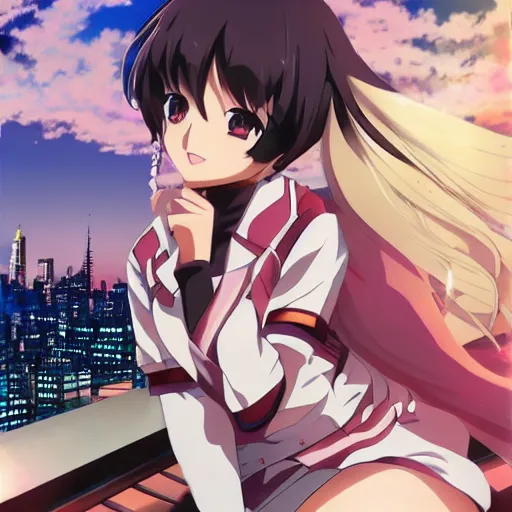 Image similar to Key Anime Visual a macro anime girl sitting on a miniature manhattan, official modern anime