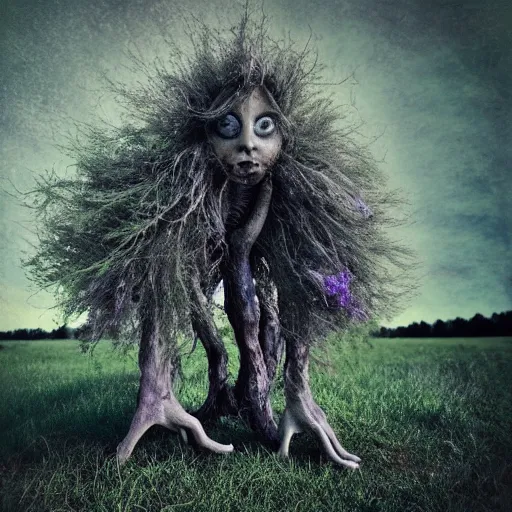 Image similar to tree monster in a beautiful meadow as the eye fairy princess in saturation color scheme, grey, lavender, burnt the new world tintype macro macro earth