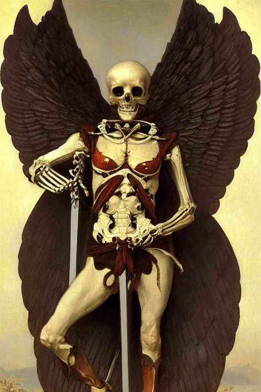 Image similar to portrait of a skeleton warrior with big sword, wearing helmets and armor with wings, symmetrical, solemn, sacred, aura, by bouguereau