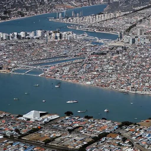 Image similar to color photo from drone over Mission Bay, San Francisco, in 2035, looking North at the golden hour, and the bay between San Francisco and Oakland is now filled in with a bustling favela, shanty houses of every different color, recycled materials, electric lines running everywhere, lights coming on in most of the houses, hyperdetailed, ap photo