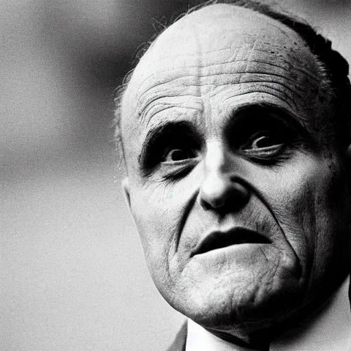 Prompt: Rudy Giuliani covered in sweat, confused and delerious. CineStill.