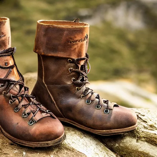 Image similar to a concept art of a well used brown leather boots for walking in the mountain